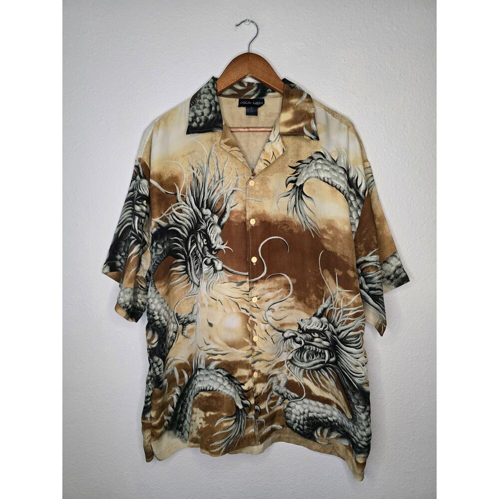 Y2K Dragon Shirt Brown Oscar Misa Large Short Sleeve AOP Button Up